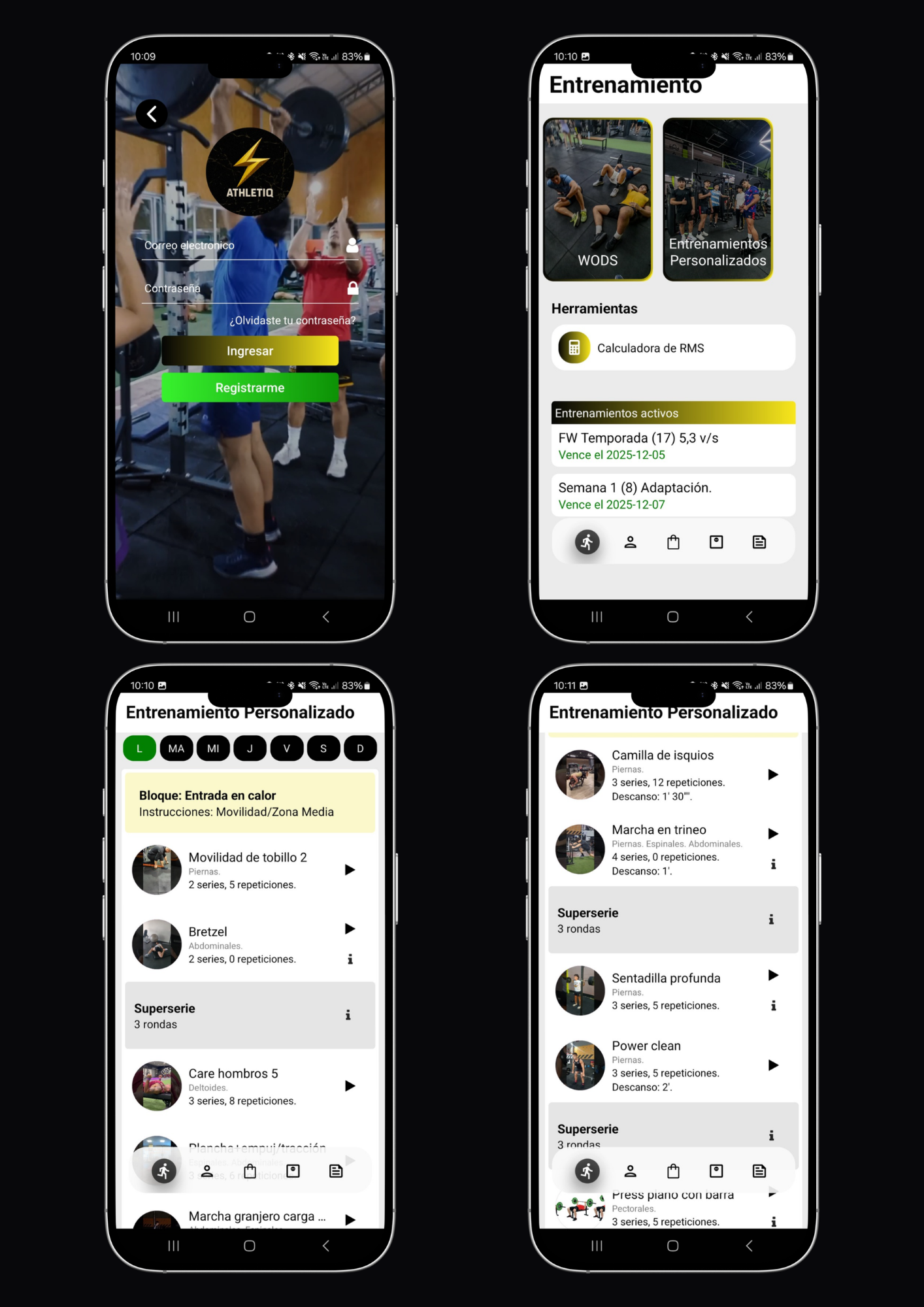 Cuatro pantallas de entrenamiento personalizado en la app ATHLETIQ